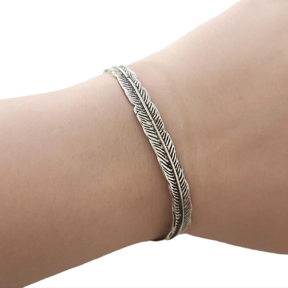 Silver Leaf Adjustable Bracelet Unisex Men or Women Boho Bangle